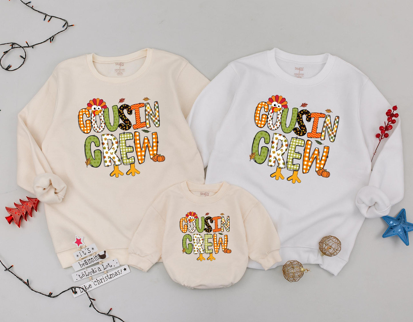 Cousin Crew Thanksgiving Sweatshirt Festive Turkey & Fall Pattern Letters Gingham Acorn Leaf Filled Fun Family Matching Gobble Gobble Outfit