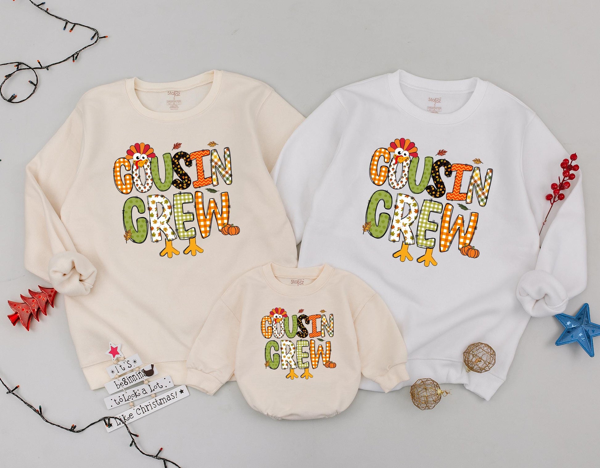 Cousin Crew Thanksgiving Sweatshirt Festive Turkey & Fall Pattern Letters Gingham Acorn Leaf Filled Fun Family Matching Gobble Gobble Outfit