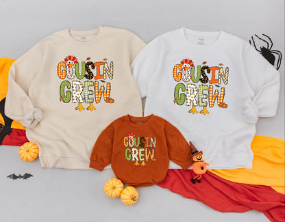Cousin Crew Thanksgiving Sweatshirt Festive Turkey & Fall Pattern Letters Gingham Acorn Leaf Filled Fun Family Matching Gobble Gobble Outfit