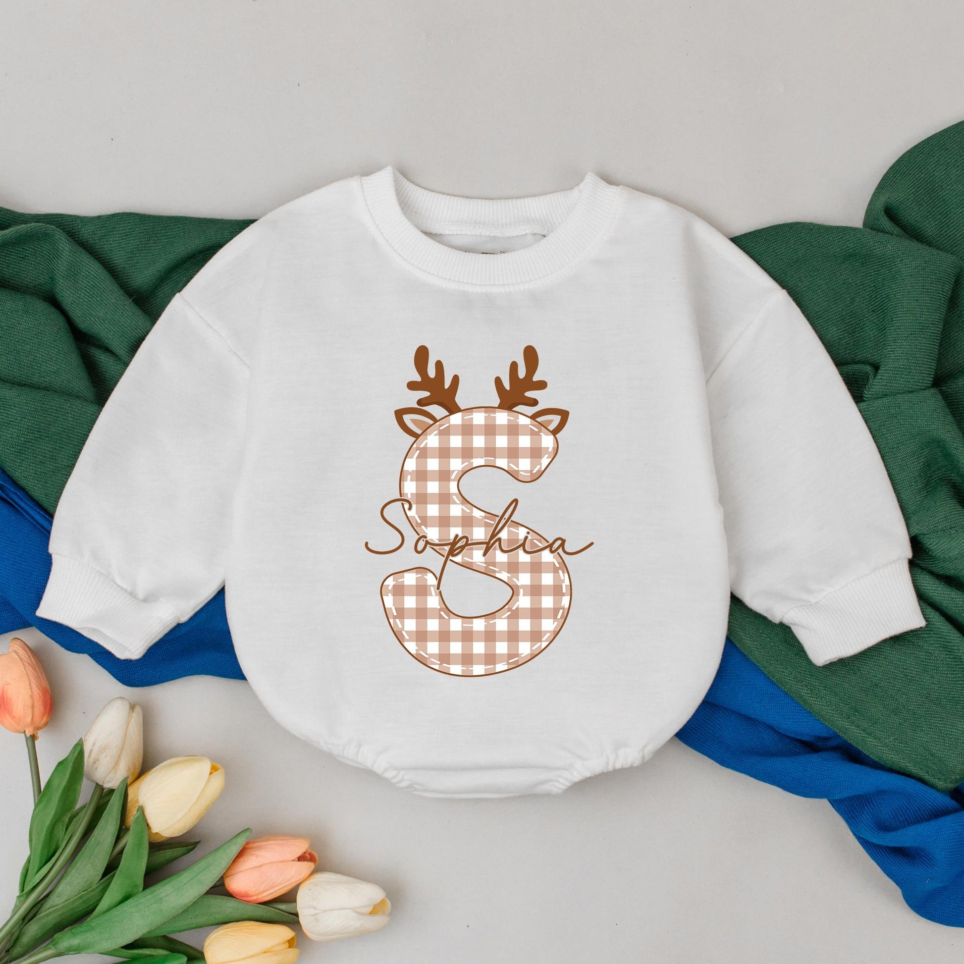 Personalized Sophia Reindeer Baby Girl Romper Christmas Outfit, Gingham Initial Xmas Bodysuit, Cute Winter Clothes, Baby Shower Gift, Custom Name Tee 139