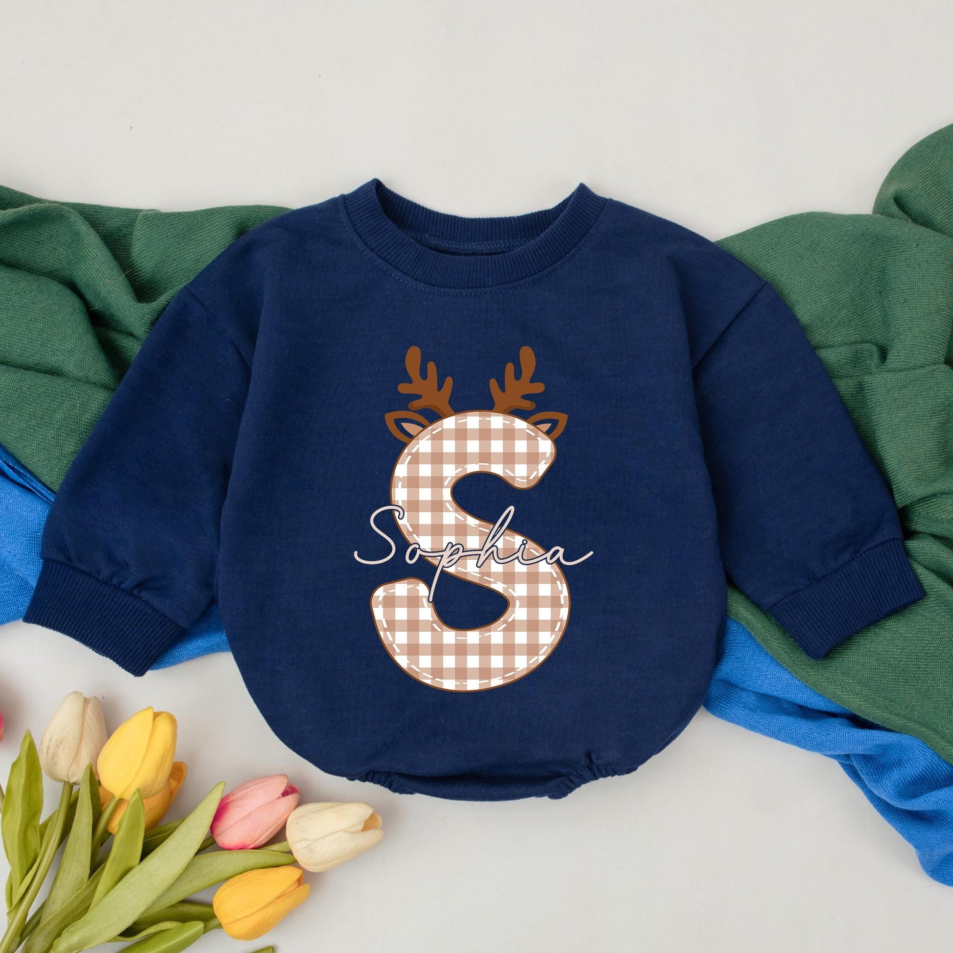 Personalized Sophia Reindeer Baby Girl Romper Christmas Outfit, Gingham Initial Xmas Bodysuit, Cute Winter Clothes, Baby Shower Gift, Custom Name Tee 139