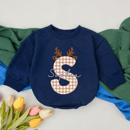 Personalized Sophia Reindeer Baby Girl Romper Christmas Outfit, Gingham Initial Xmas Bodysuit, Cute Winter Clothes, Baby Shower Gift, Custom Name Tee 139