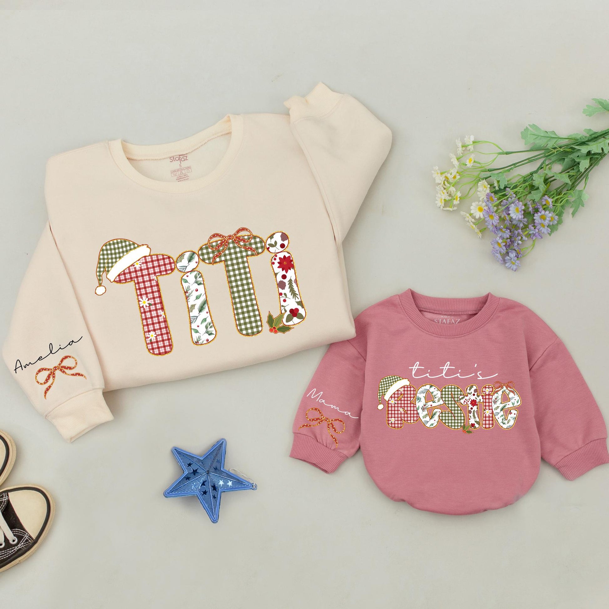 Custom Titi and Titi's Bestie Christmas Sweatshirts Whimsical Plaid Floral Festive Holiday Matching Auntie Niece Gift