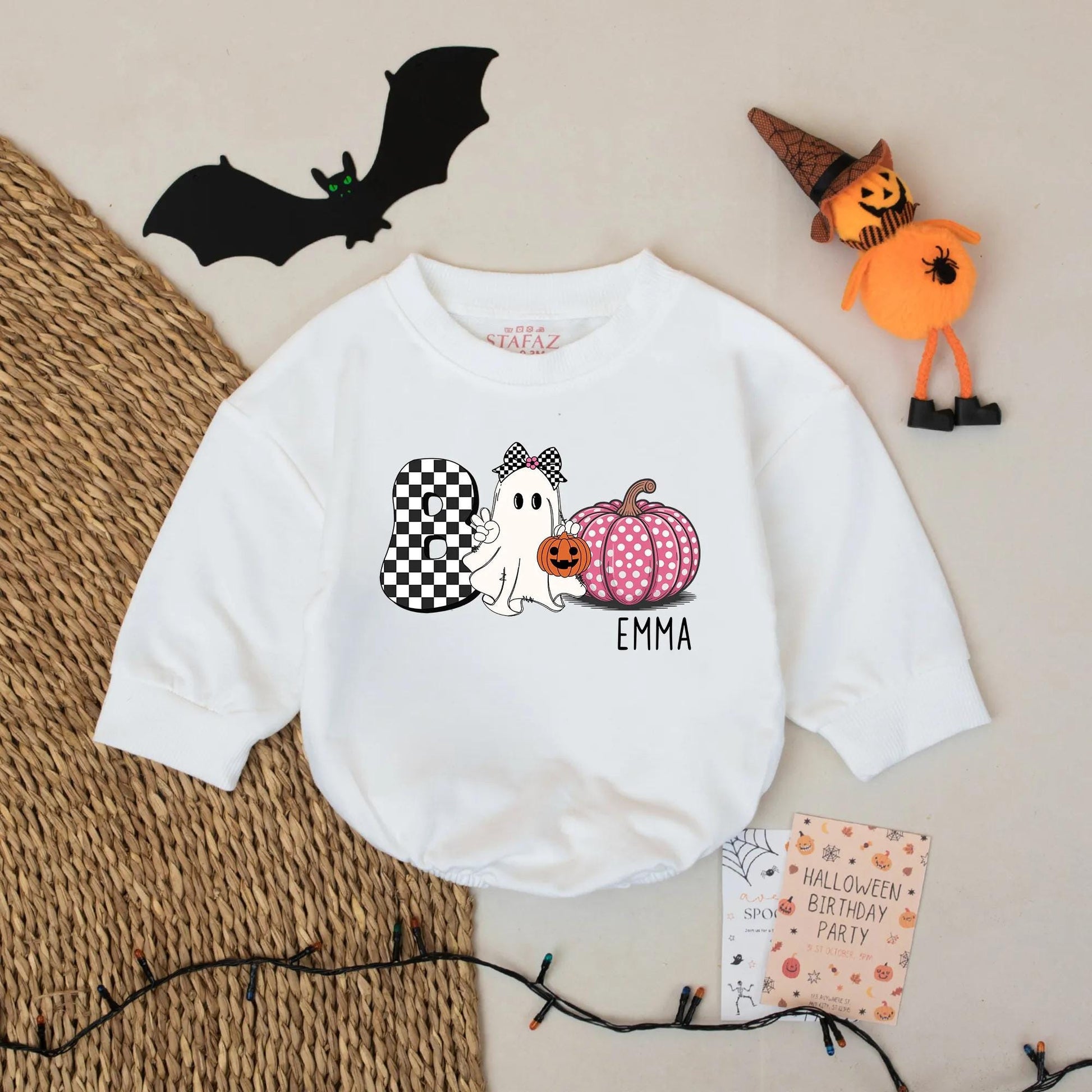 Personalized Emma Boo Ghost Bubble Romper Cute Halloween Baby Girl Outfit with Checkered Bow & Polka Dot Pumpkin Whimsical Gift