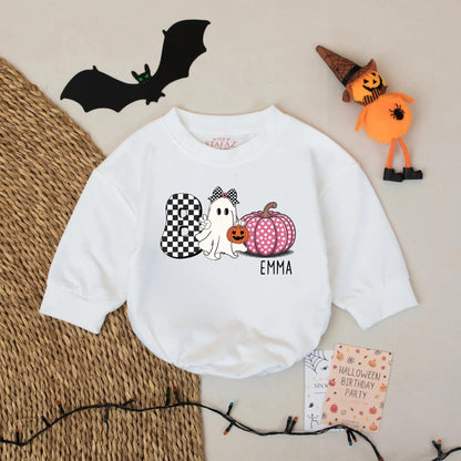 Personalized Emma Boo Ghost Bubble Romper Cute Halloween Baby Girl Outfit with Checkered Bow & Polka Dot Pumpkin Whimsical Gift