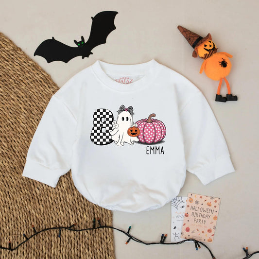 Personalized Emma Boo Ghost Bubble Romper Cute Halloween Baby Girl Outfit with Checkered Bow & Polka Dot Pumpkin Whimsical Gift