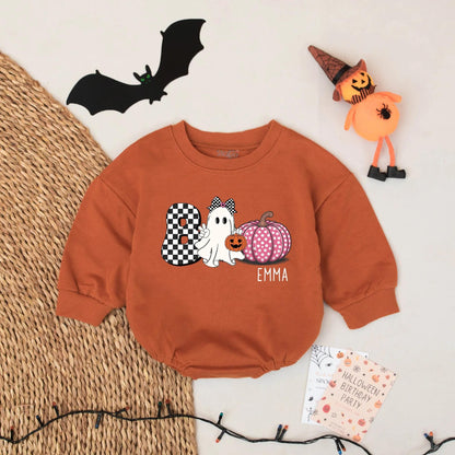 Personalized Emma Boo Ghost Bubble Romper Cute Halloween Baby Girl Outfit with Checkered Bow & Polka Dot Pumpkin Whimsical Gift