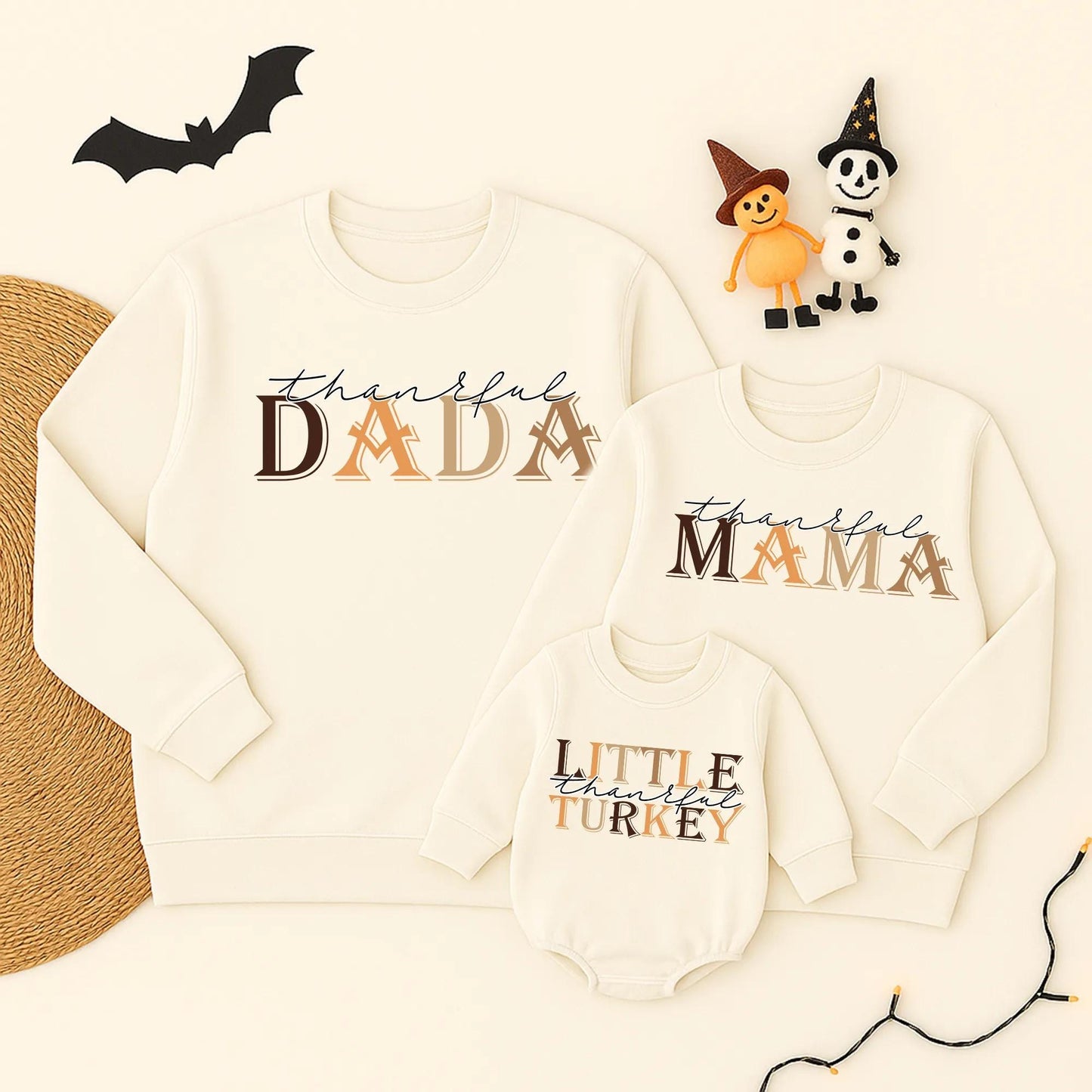 Thankful Mama and Mini Mommy and Me Thanksgiving Sweatshirts Brown Autumn Hues Fall Apparel Cursive Block Font Vintage Modern Style