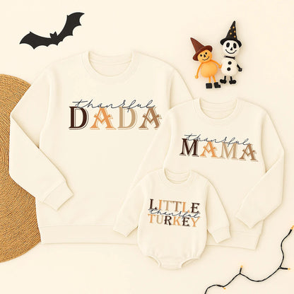 Thankful Mama and Mini Mommy and Me Thanksgiving Sweatshirts Brown Autumn Hues Fall Apparel Cursive Block Font Vintage Modern Style