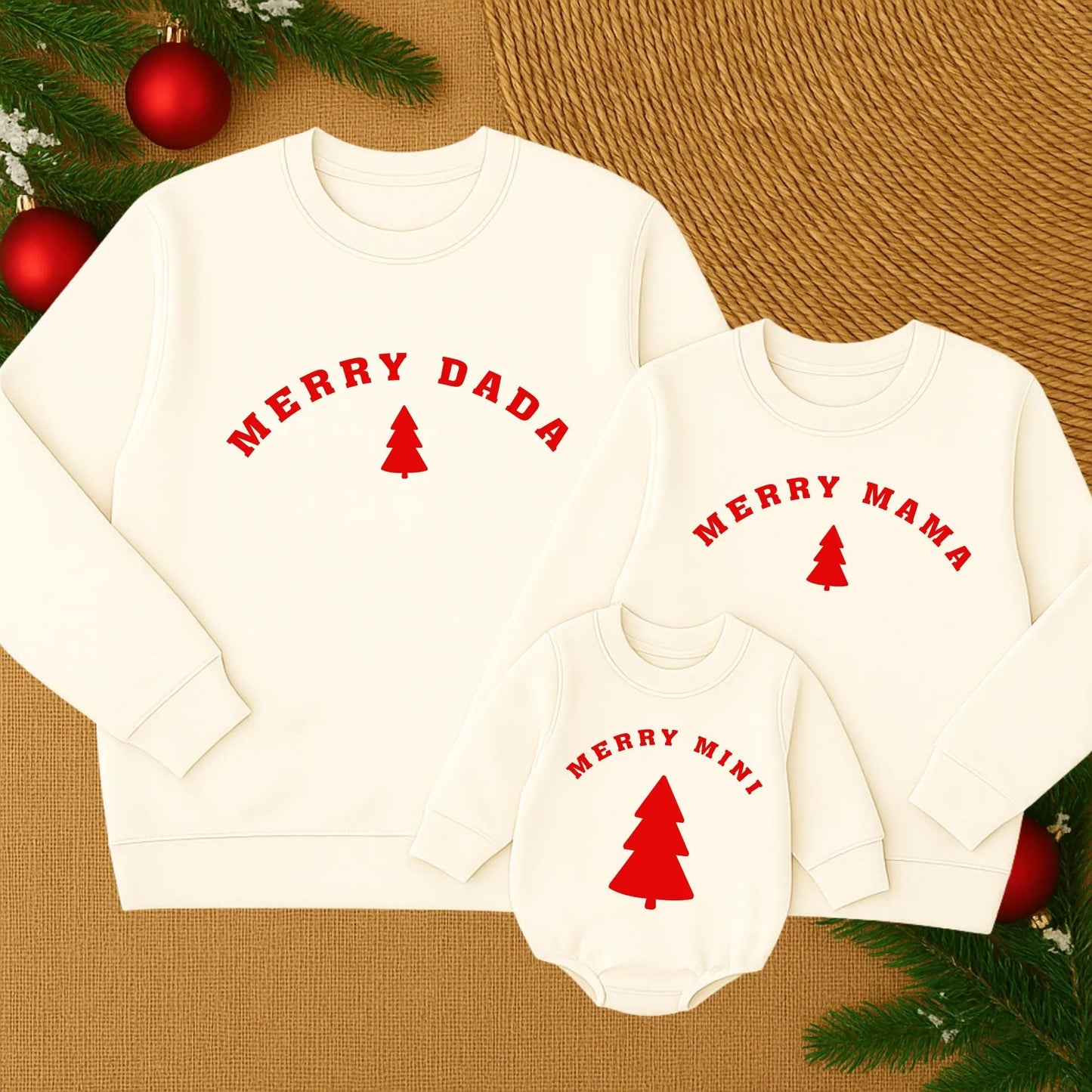 Custom Merry Mama and Mini Matching Christmas Sweatshirt Family Holiday Outfit Red Tree Graphic White Text Soft Comfortable Cozy Winter Gift for Mom and Baby Girl