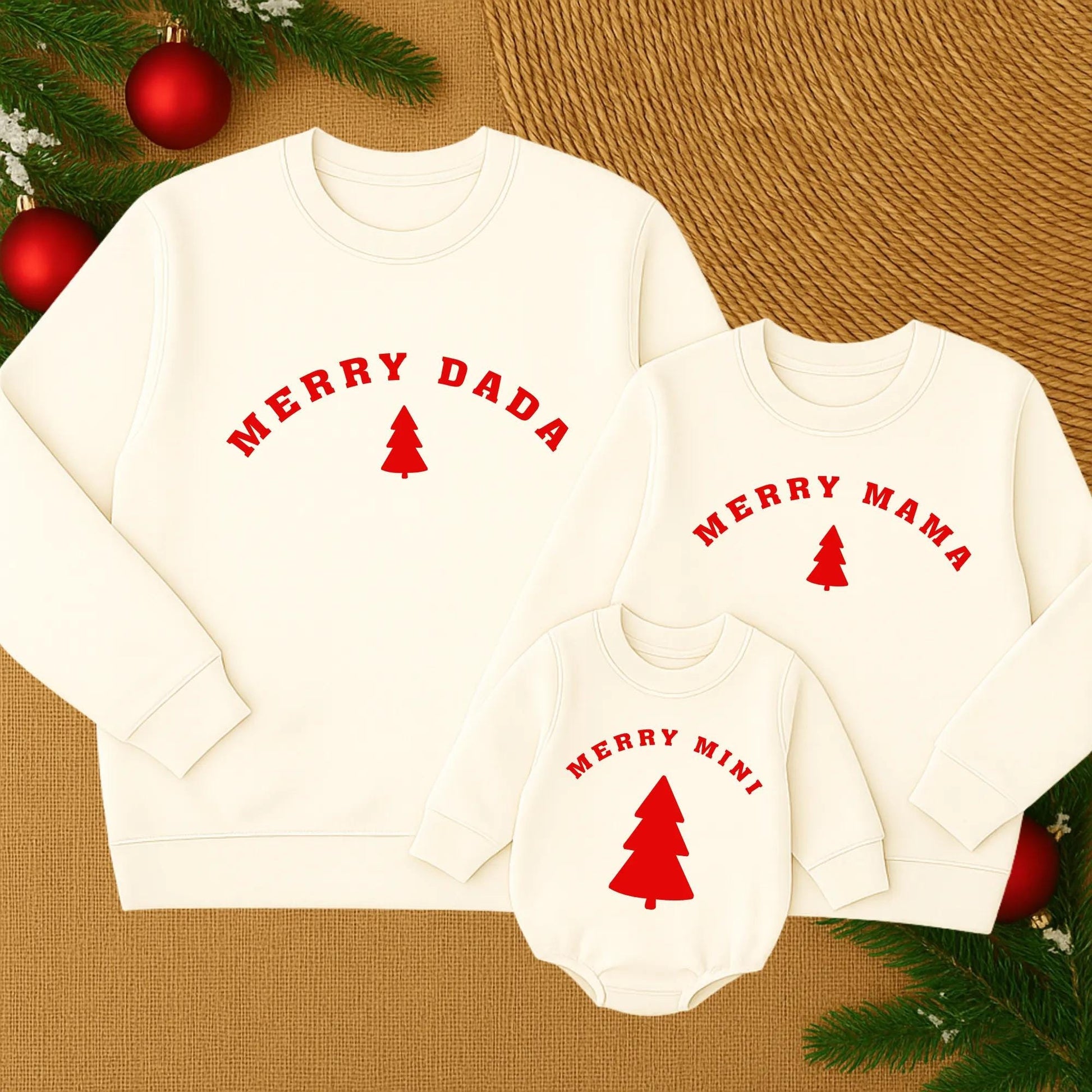 Custom Merry Mama and Mini Matching Christmas Sweatshirt Family Holiday Outfit Red Tree Graphic White Text Soft Comfortable Cozy Winter Gift for Mom and Baby Girl