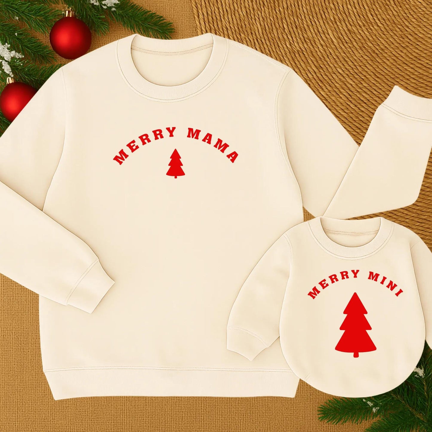 Custom Merry Mama and Mini Matching Christmas Sweatshirt Family Holiday Outfit Red Tree Graphic White Text Soft Comfortable Cozy Winter Gift for Mom and Baby Girl