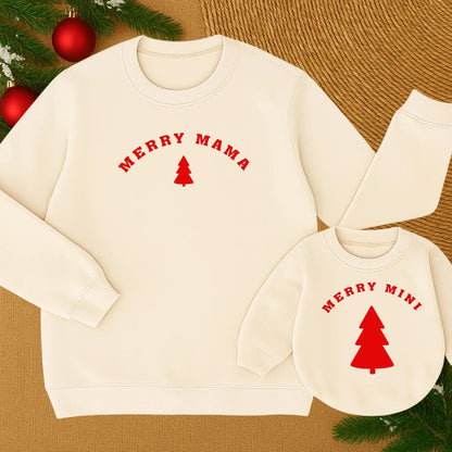 Custom Merry Mama and Mini Matching Christmas Sweatshirt Family Holiday Outfit Red Tree Graphic White Text Soft Comfortable Cozy Winter Gift for Mom and Baby Girl