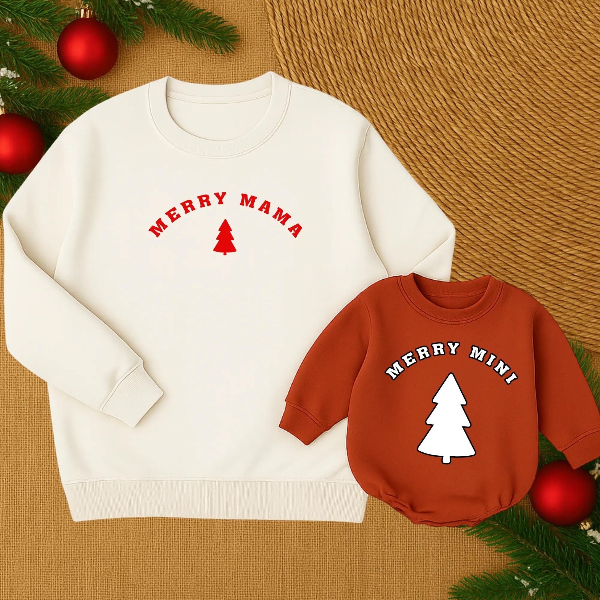 Custom Merry Mama and Mini Matching Christmas Sweatshirt Family Holiday Outfit Red Tree Graphic White Text Soft Comfortable Cozy Winter Gift for Mom and Baby Girl