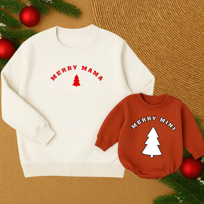 Custom Merry Mama and Mini Matching Christmas Sweatshirt Family Holiday Outfit Red Tree Graphic White Text Soft Comfortable Cozy Winter Gift for Mom and Baby Girl