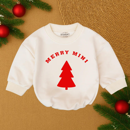 Custom Merry Mama and Mini Matching Christmas Sweatshirt Family Holiday Outfit Red Tree Graphic White Text Soft Comfortable Cozy Winter Gift for Mom and Baby Girl