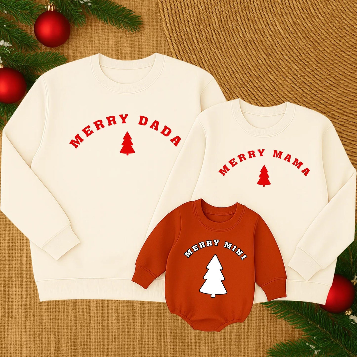 Custom Merry Mama and Mini Matching Christmas Sweatshirt Family Holiday Outfit Red Tree Graphic White Text Soft Comfortable Cozy Winter Gift for Mom and Baby Girl