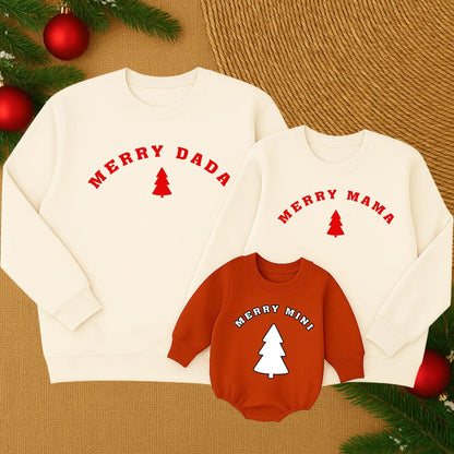 Custom Merry Mama and Mini Matching Christmas Sweatshirt Family Holiday Outfit Red Tree Graphic White Text Soft Comfortable Cozy Winter Gift for Mom and Baby Girl