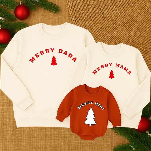 Custom Merry Mama and Mini Matching Christmas Sweatshirt Family Holiday Outfit Red Tree Graphic White Text Soft Comfortable Cozy Winter Gift for Mom and Baby Girl