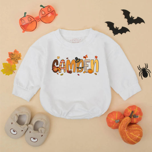 Custom Name My First Thanksgiving Baby Romper with Autumn Turkey Pumpkin Plaid CAMDEN Design Fall Toddler Sweatshirt Bodysuit Gift