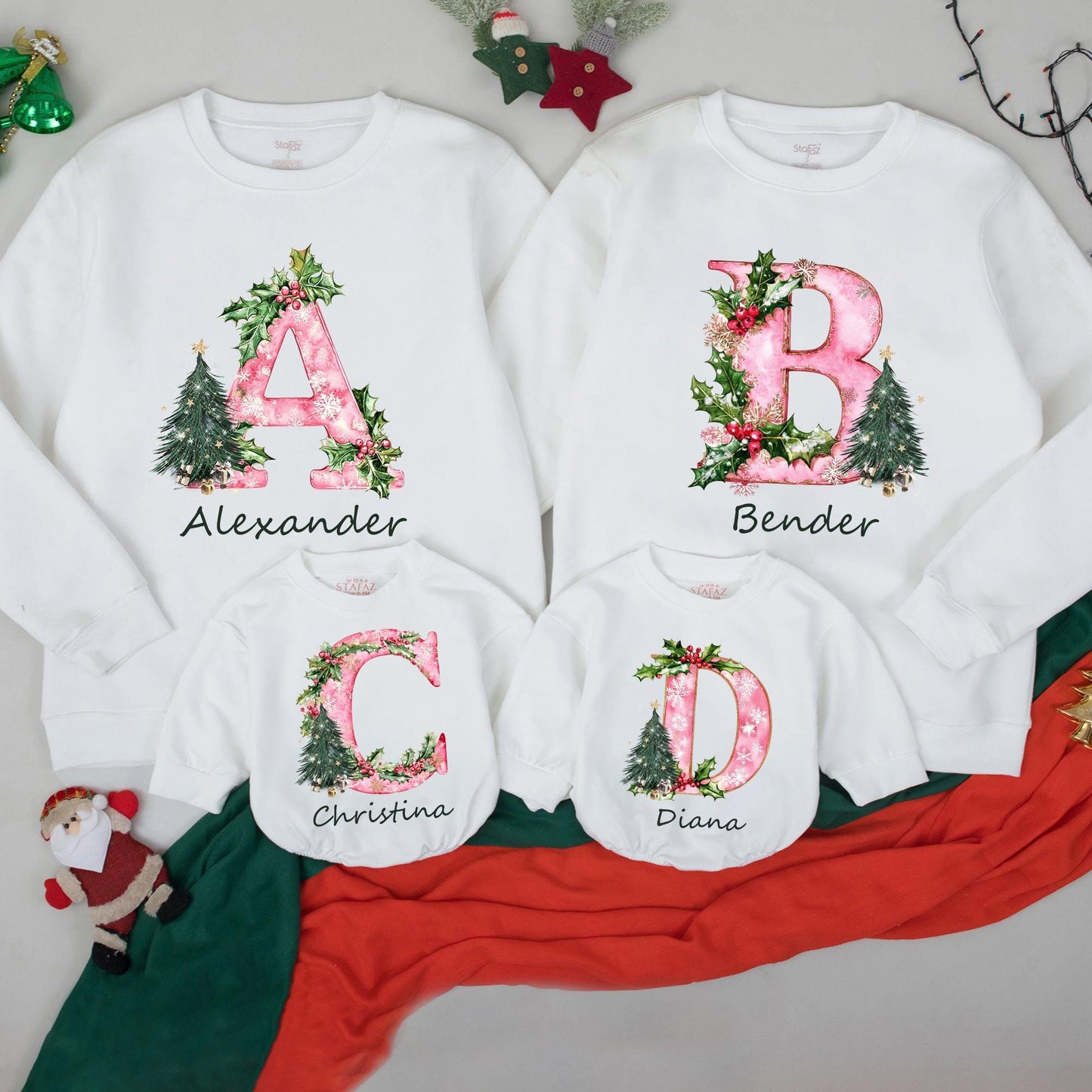 Personalized Christmas Family Sweatshirt with Initial Name Holiday Design Festive Pink Pattern Holly Berries Tree Cozy Thoughtful Present