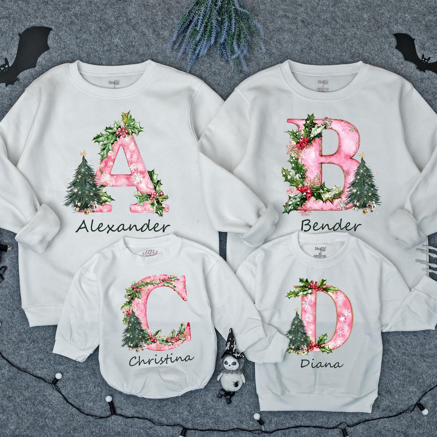 Personalized Christmas Family Sweatshirt with Initial Name Holiday Design Festive Pink Pattern Holly Berries Tree Cozy Thoughtful Present