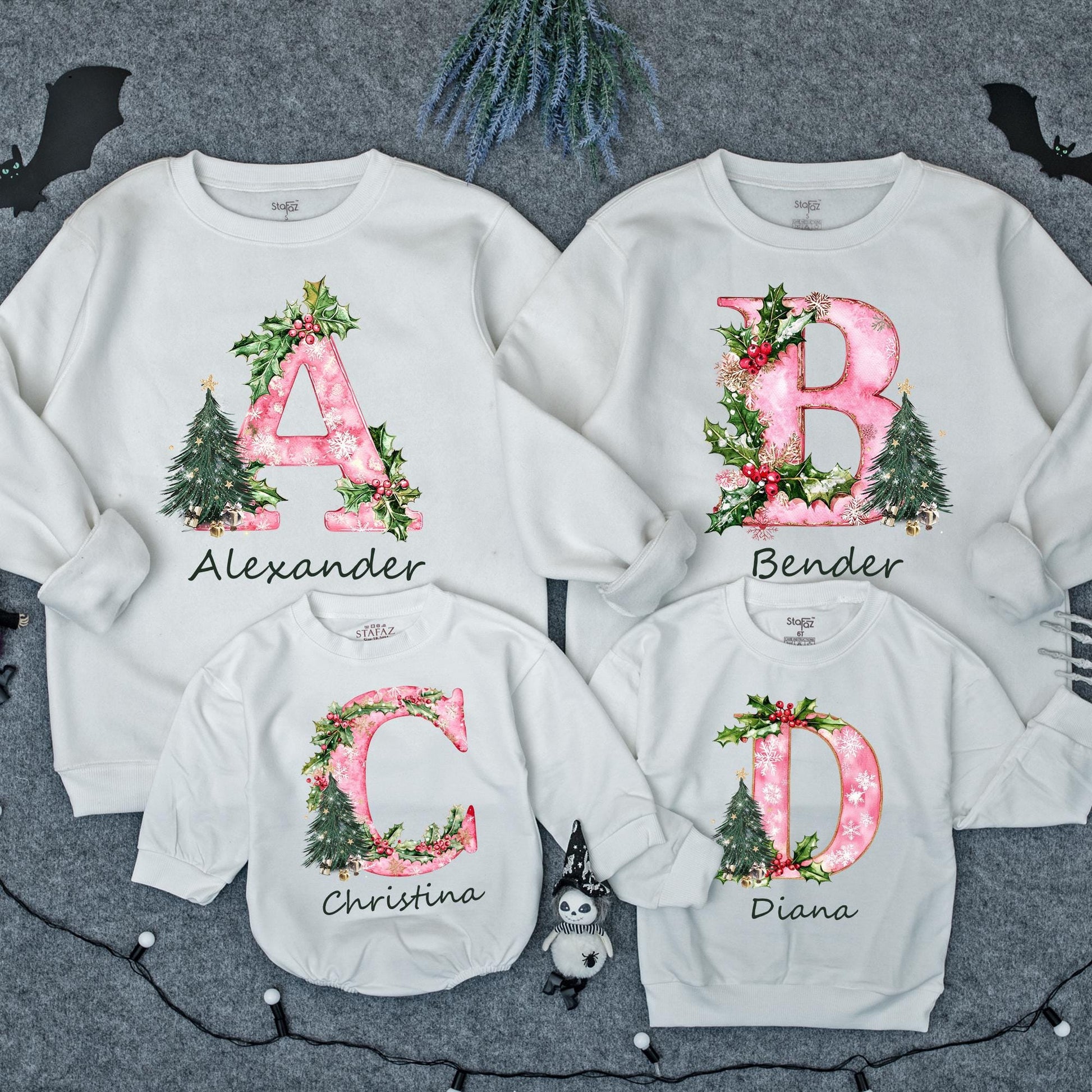Personalized Christmas Family Sweatshirt with Initial Name Holiday Design Festive Pink Pattern Holly Berries Tree Cozy Thoughtful Present