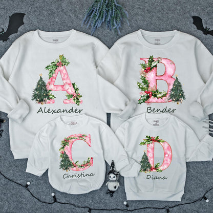 Personalized Christmas Family Sweatshirt with Initial Name Holiday Design Festive Pink Pattern Holly Berries Tree Cozy Thoughtful Present