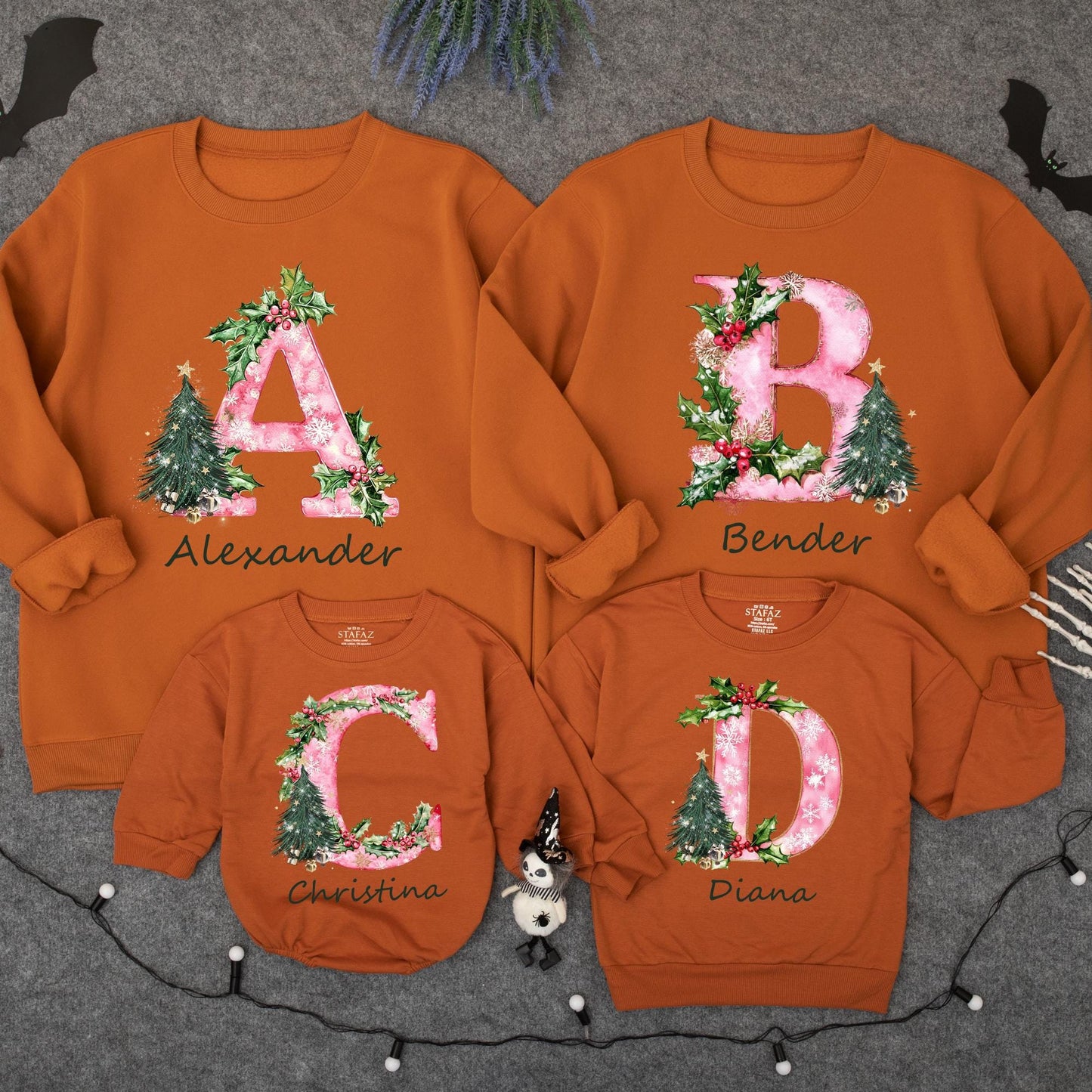 Personalized Christmas Family Sweatshirt with Initial Name Holiday Design Festive Pink Pattern Holly Berries Tree Cozy Thoughtful Present
