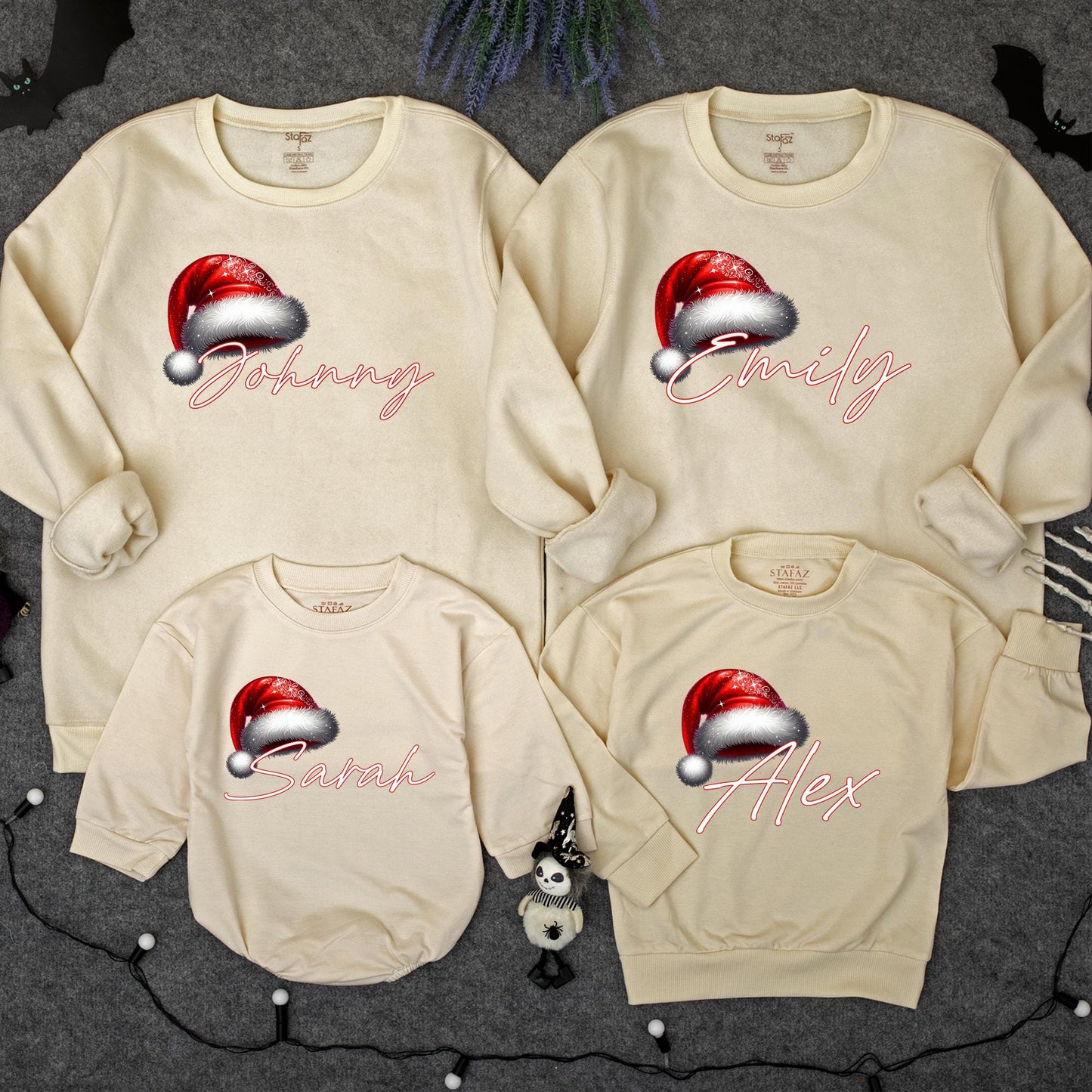 Personalized Christmas Family Sweatshirt with Santa Hat Name Design Festive Holiday Matching Xmas Outfits for Mom Dad Kids Playful Celebration Gear