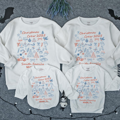 Custom Matching Family Christmas Crew 2025 Sweatshirt Whimsical Red Blue Illustrations Festive Smith Family Name Holiday Outfit