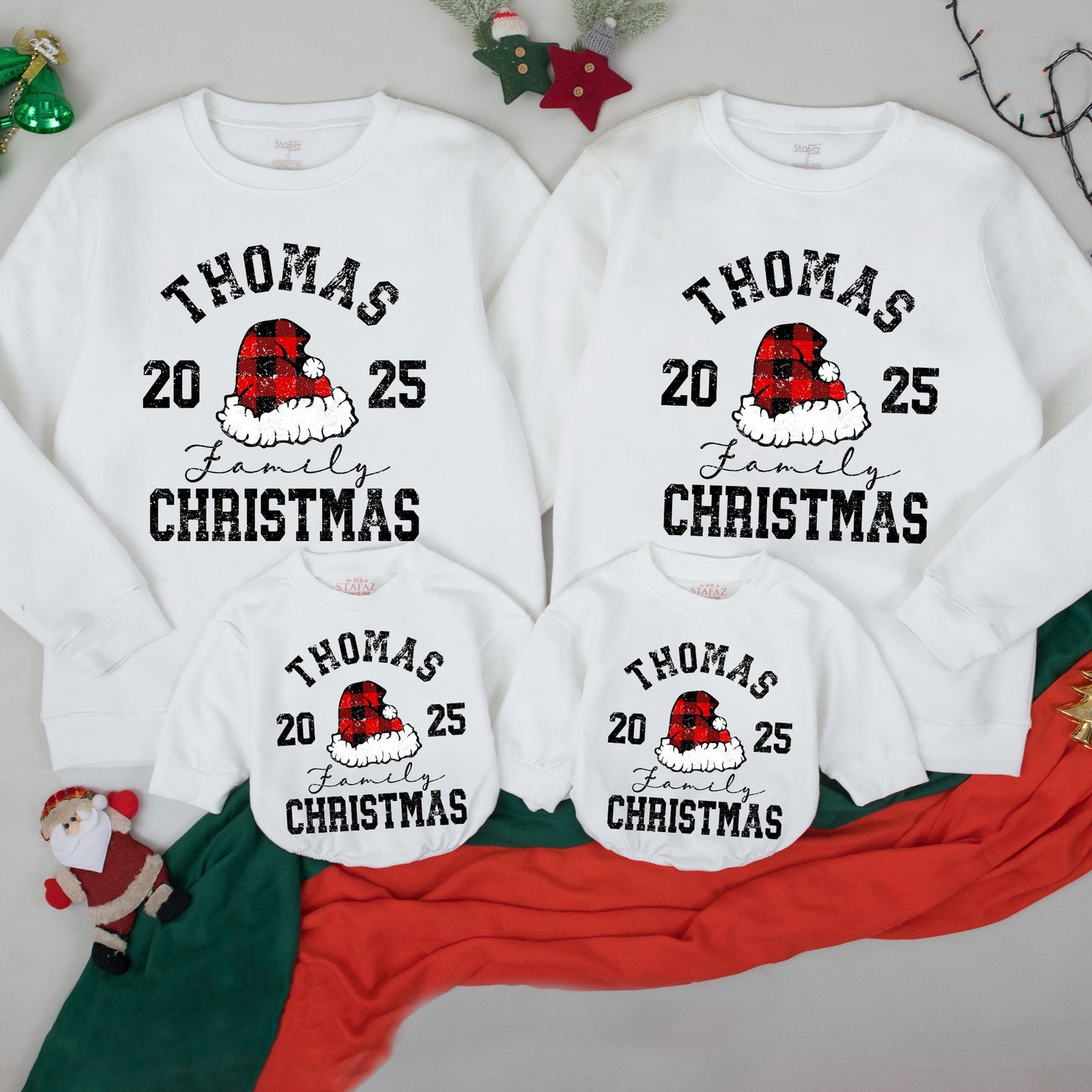 Personalized Family Christmas Sweatshirt 2025 Matching Holiday Crewneck Sweater with Your Name Red Black Plaid Santa Hat Distressed Design Kids Adults