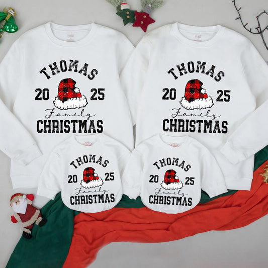 Personalized Family Christmas Sweatshirt 2025 Matching Holiday Crewneck Sweater with Your Name Red Black Plaid Santa Hat Distressed Design Kids Adults