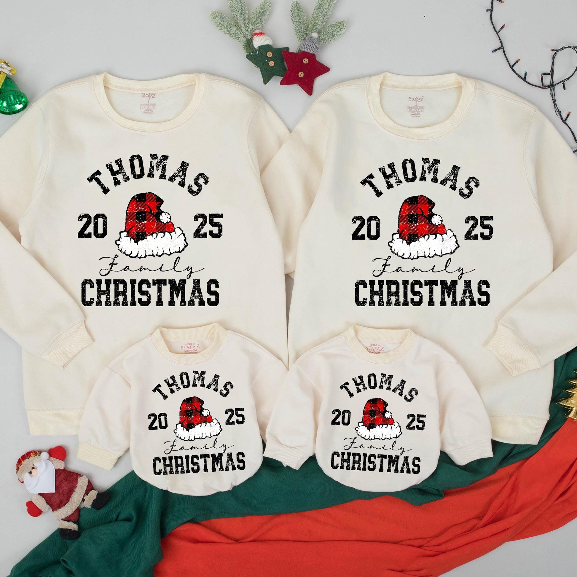 Personalized Family Christmas Sweatshirt 2025 Matching Holiday Crewneck Sweater with Your Name Red Black Plaid Santa Hat Distressed Design Kids Adults
