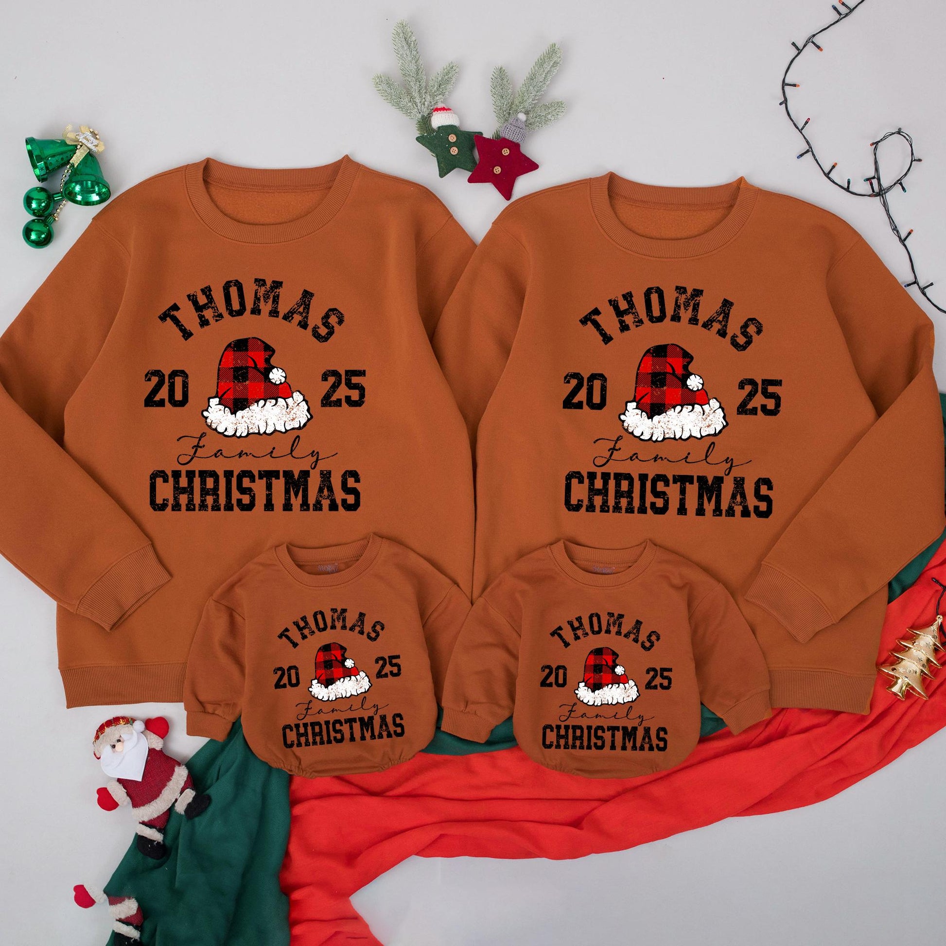 Personalized Family Christmas Sweatshirt 2025 Matching Holiday Crewneck Sweater with Your Name Red Black Plaid Santa Hat Distressed Design Kids Adults