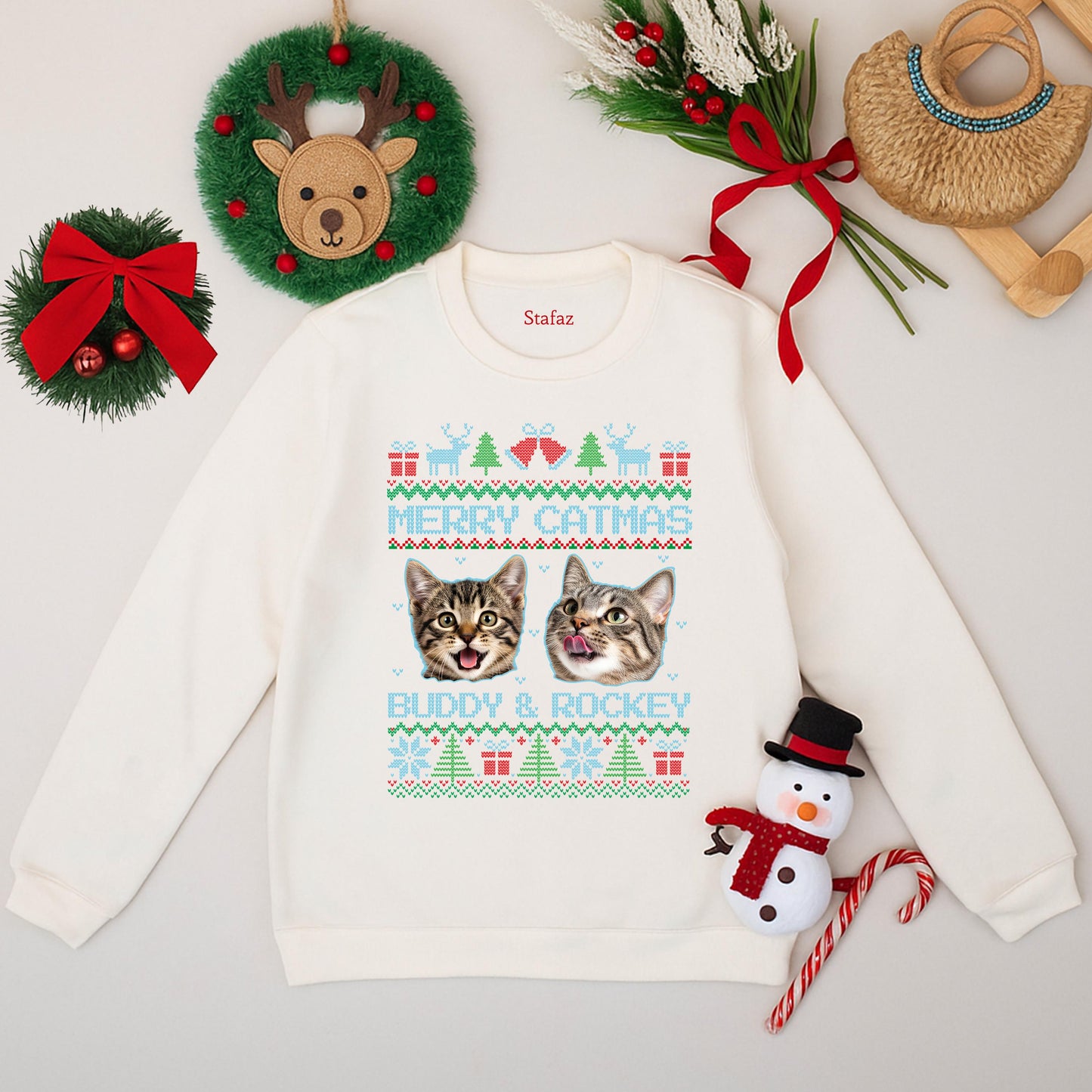 Merry Catmas Pixel Art Sweatshirt for Pet Lovers, Funny Dog & Cat Christmas Sweater, Buddy & Rockey Holiday Gift, Cute Pink Winter Top (139 chars)