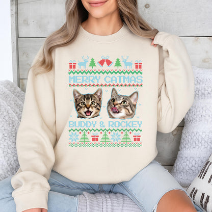 Merry Catmas Pixel Art Sweatshirt for Pet Lovers, Funny Dog & Cat Christmas Sweater, Buddy & Rockey Holiday Gift, Cute Pink Winter Top (139 chars)