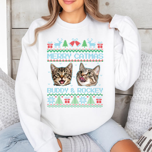 Merry Catmas Pixel Art Sweatshirt for Pet Lovers, Funny Dog & Cat Christmas Sweater, Buddy & Rockey Holiday Gift, Cute Pink Winter Top (139 chars)