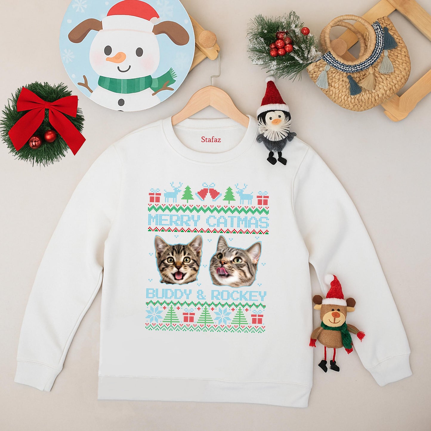 Merry Catmas Pixel Art Sweatshirt for Pet Lovers, Funny Dog & Cat Christmas Sweater, Buddy & Rockey Holiday Gift, Cute Pink Winter Top (139 chars)