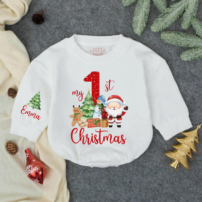 Personalized 1st Christmas Baby Romper Outfit, Custom Name Emma Snowman Holiday Sweatshirt, Red Polka Dot Xmas Gift, Cute Toddler Clothes (139 chars)