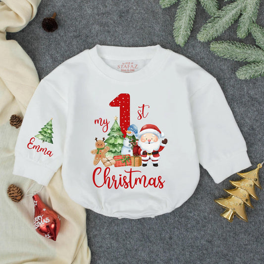 Personalized 1st Christmas Baby Romper Outfit, Custom Name Emma Snowman Holiday Sweatshirt, Red Polka Dot Xmas Gift, Cute Toddler Clothes (139 chars)