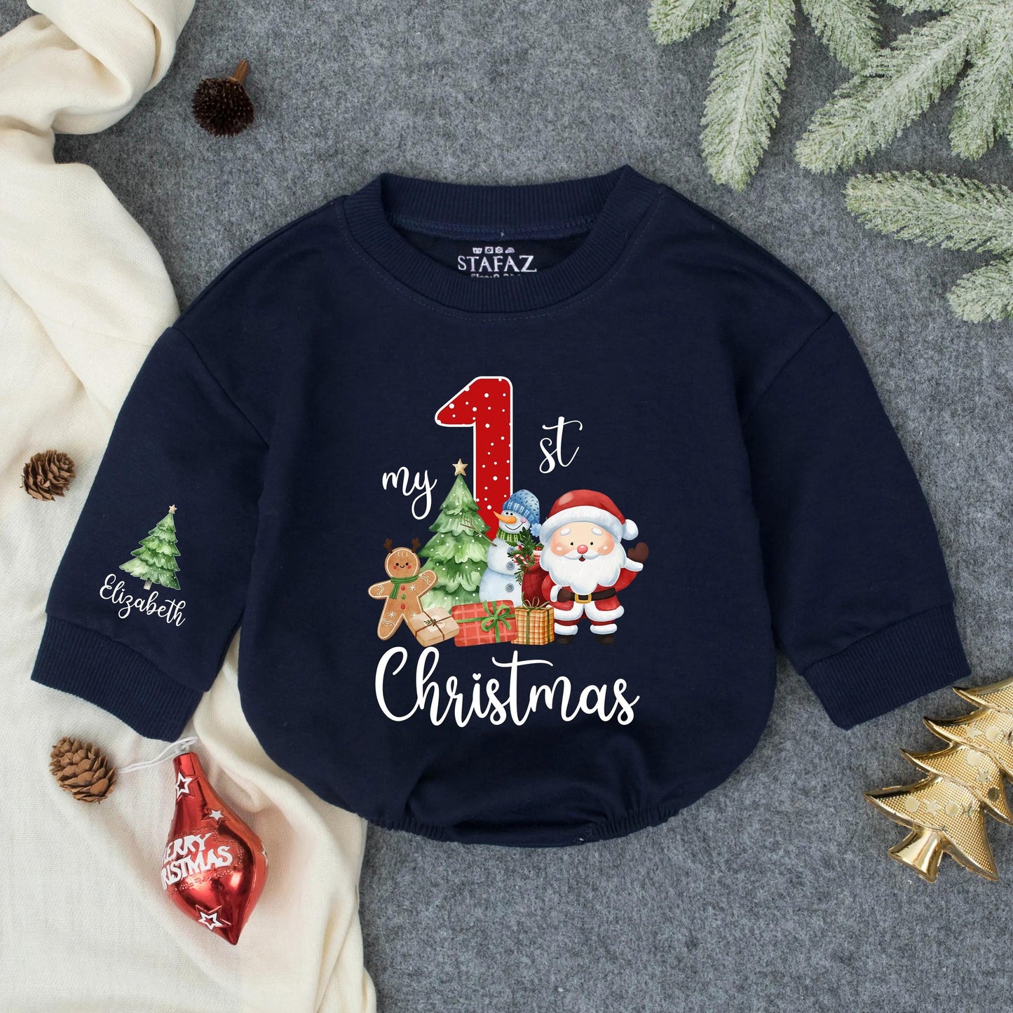 Personalized 1st Christmas Baby Romper Outfit, Custom Name Emma Snowman Holiday Sweatshirt, Red Polka Dot Xmas Gift, Cute Toddler Clothes (139 chars)