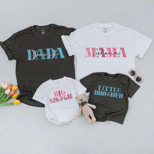 Matching Family Name Shirts, Custom Mama Bear, Dada Bear, Big Sister, Little Brother, Personalized Modern Script Tees, Baby Announcement Outfit, Gifts