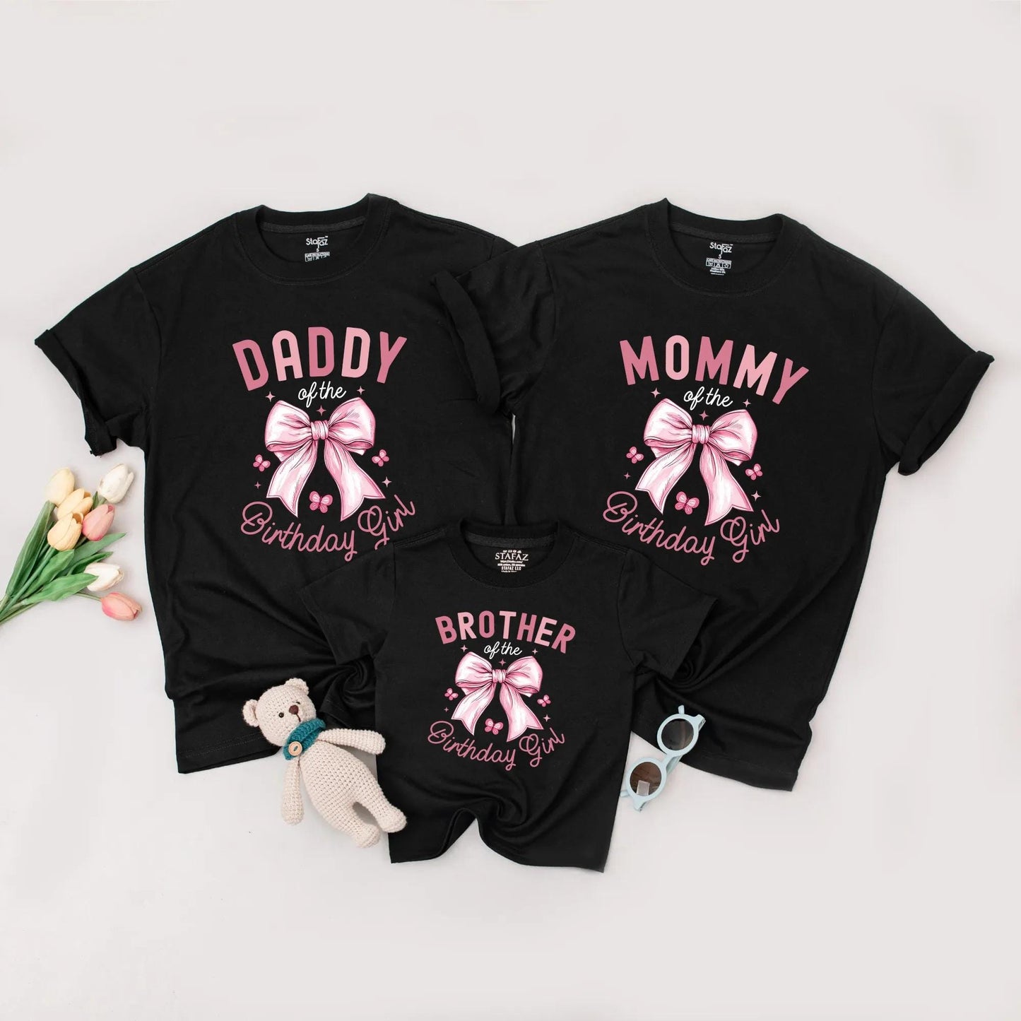 Pink Bow Birthday Girl Matching Family Shirts: "Daddy of the Birthday Girl" Tee, Personalized 1st Birthday Outfit for Baby Girl, Bow Party Tee (138 chars)
