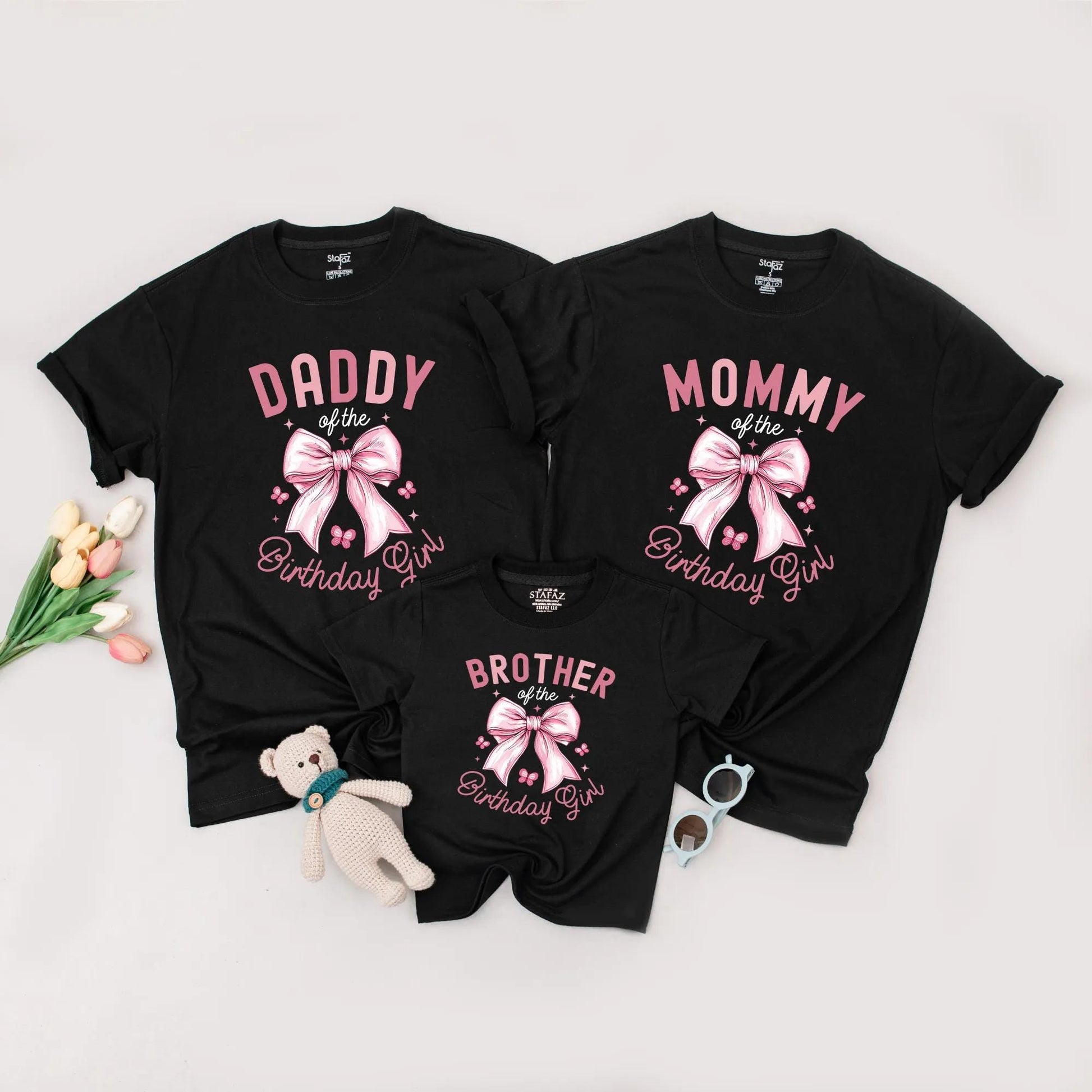 Pink Bow Birthday Girl Matching Family Shirts: "Daddy of the Birthday Girl" Tee, Personalized 1st Birthday Outfit for Baby Girl, Bow Party Tee (138 chars)