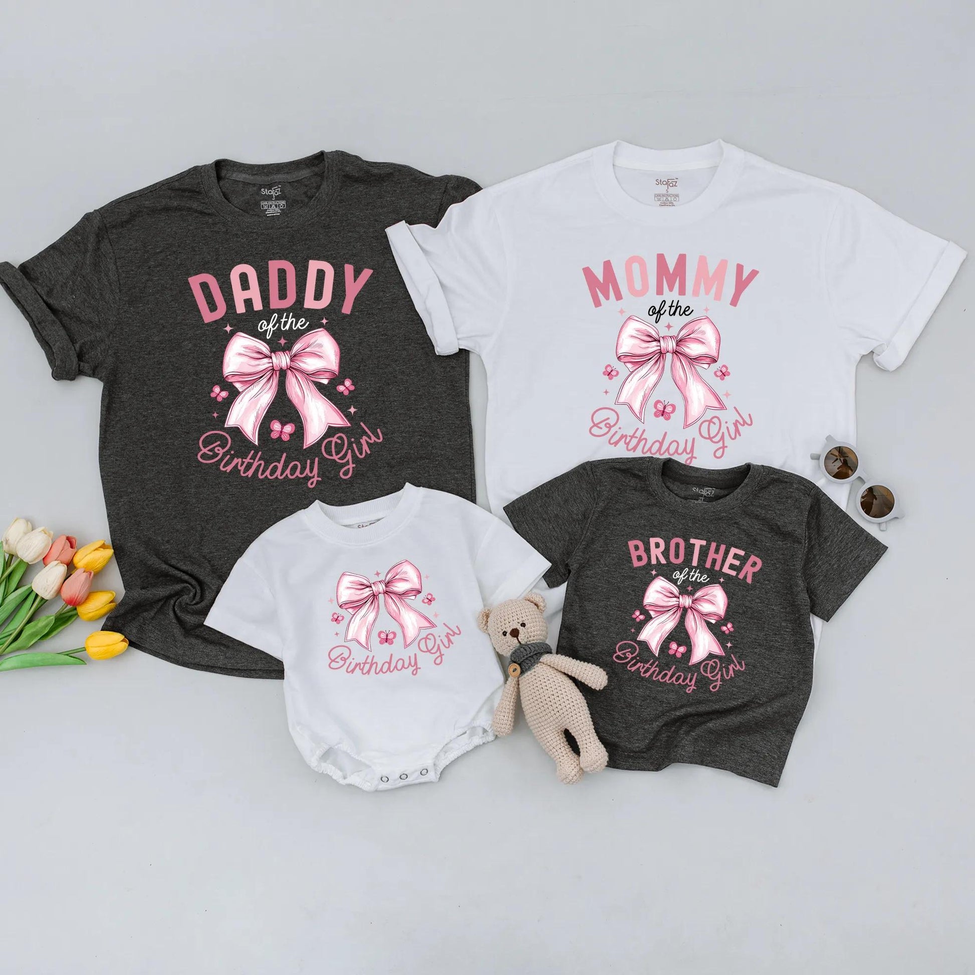 Pink Bow Birthday Girl Matching Family Shirts: "Daddy of the Birthday Girl" Tee, Personalized 1st Birthday Outfit for Baby Girl, Bow Party Tee (138 chars)