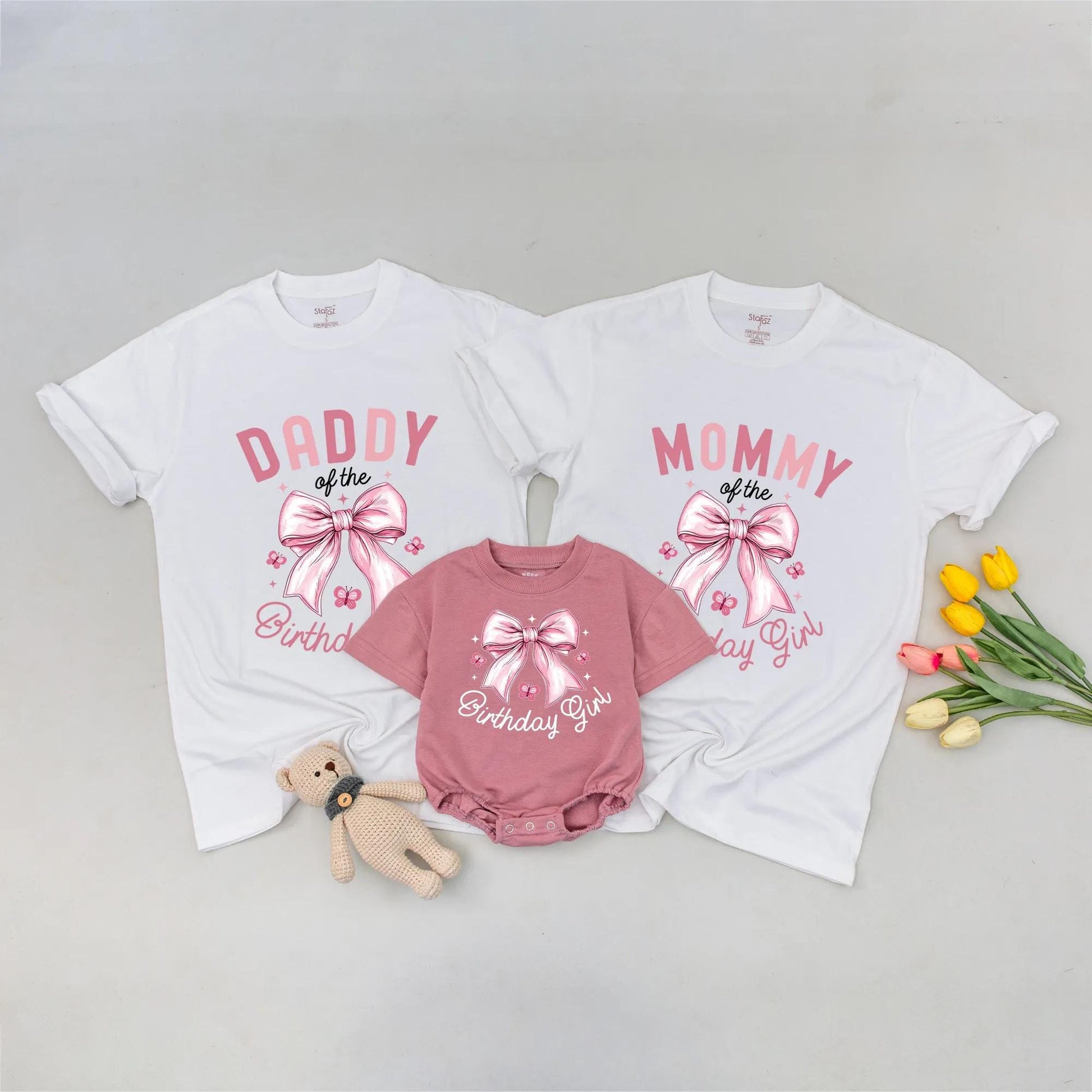 Pink Bow Birthday Girl Matching Family Shirts: "Daddy of the Birthday Girl" Tee, Personalized 1st Birthday Outfit for Baby Girl, Bow Party Tee (138 chars)