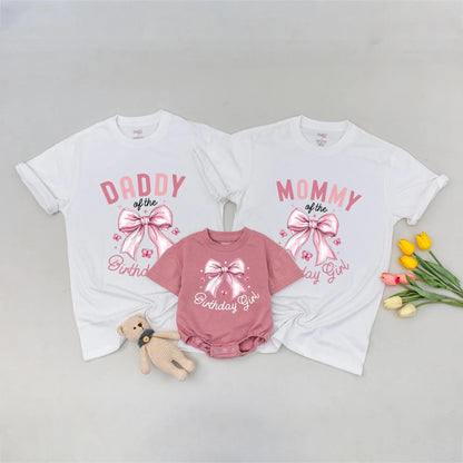 Pink Bow Birthday Girl Matching Family Shirts: "Daddy of the Birthday Girl" Tee, Personalized 1st Birthday Outfit for Baby Girl, Bow Party Tee (138 chars)