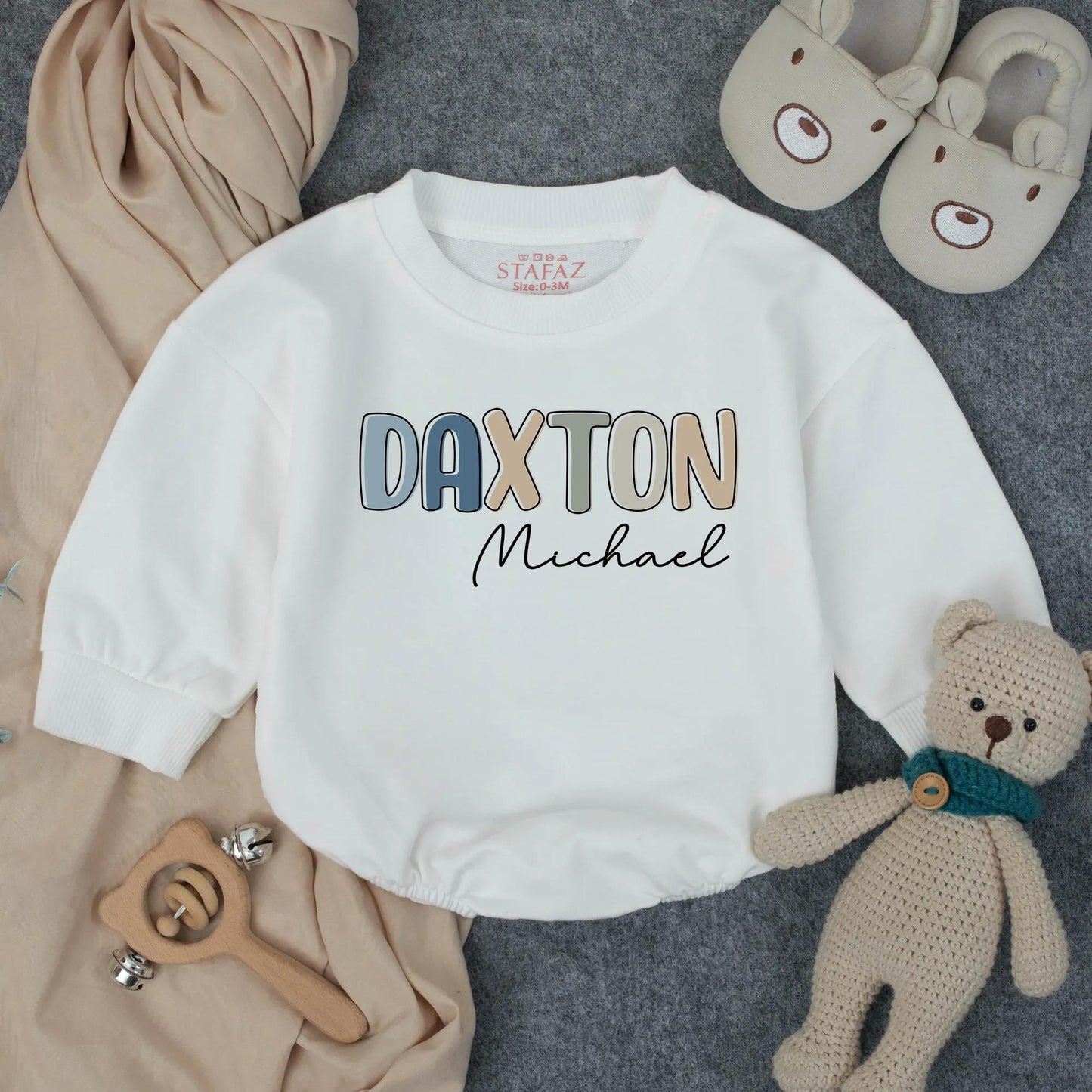 Personalized Boy Name Bubble Romper Infant Bodysuit for Toddler Birthday Gift with modern pastel block and cursive design for Baby Shower Clothes