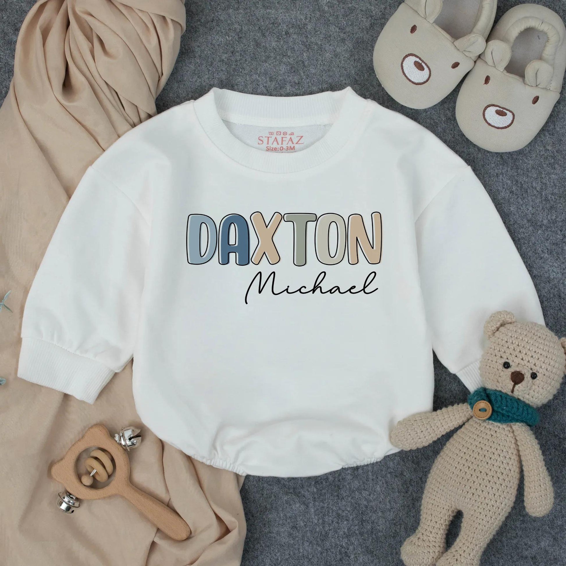 Personalized Boy Name Bubble Romper Infant Bodysuit for Toddler Birthday Gift with modern pastel block and cursive design for Baby Shower Clothes